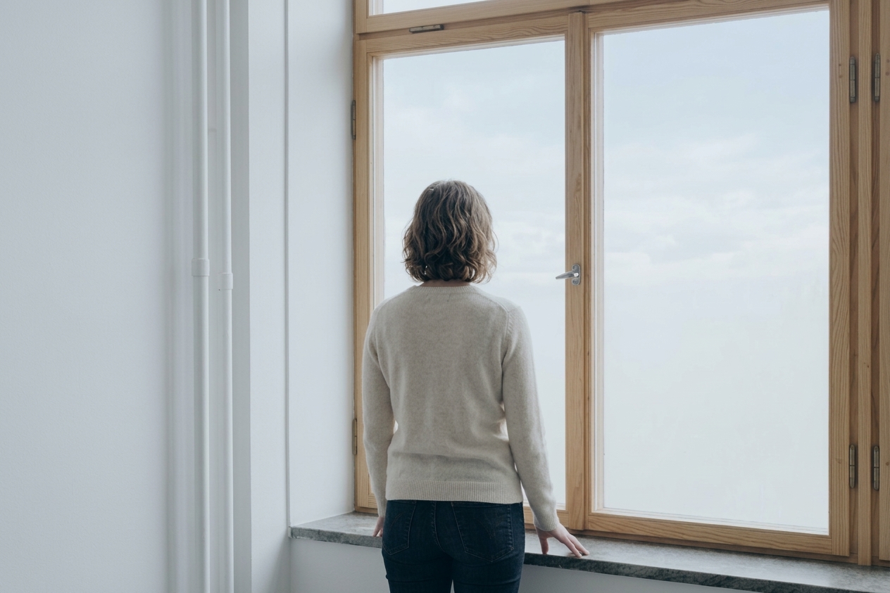 Person som står vid ett stort fönster med ryggen mot kameran