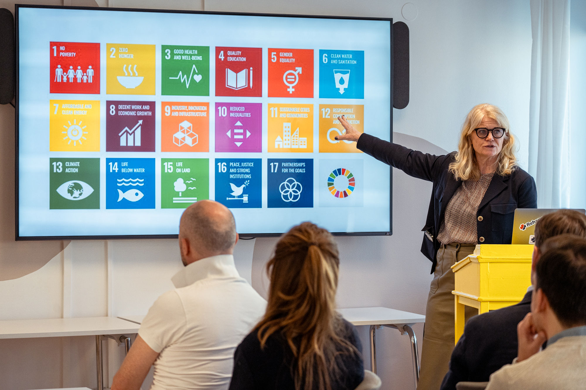 Kristina Elliot presenterar projekt vid en skärm med FN:s hållbarhetsmål